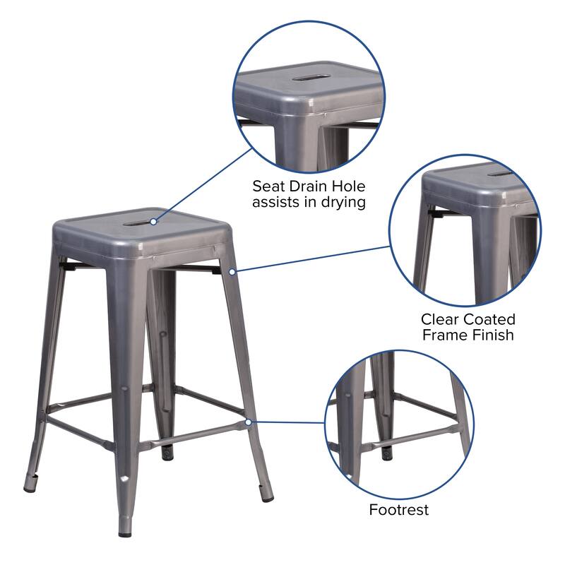 24" High Backless Clear Coated Metal Indoor Counter Height Stool w/ Square Seat