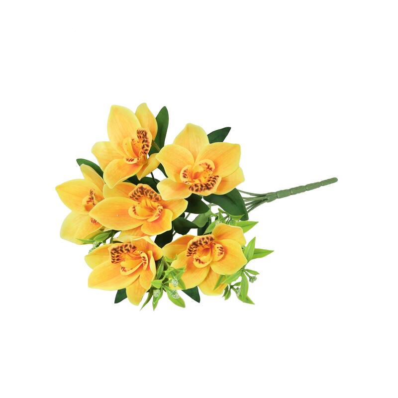 Set of 4 Yellow Artificial Cymbidium Orchid Flower Stem Bush Bouquet 13in - 13" L x 8" W x 8" DP