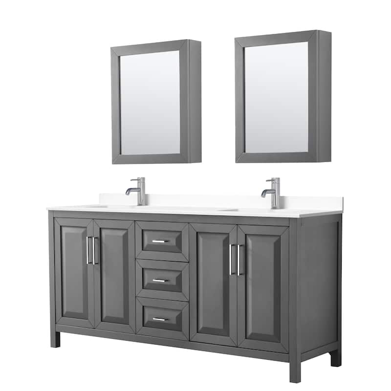 Daria 72 Inch Double Vanity, Cultured Marble Top, Medicine Cabinets - Dark Gray, Chrome Trim, White Cultured Marble Top