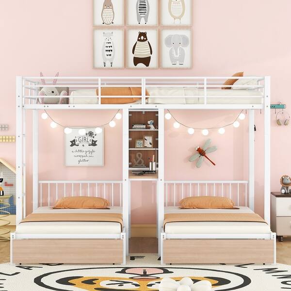 slide 2 of 9, White Metal Full-Twin-Twin Triple Bunk Bed w/ Drawers & Desk Unisex Triple Bunk - White
