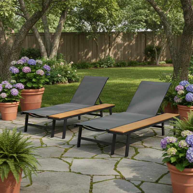 Roomfitters Waterloo Outdoor Aluminum Chaise Lounge with Attached Wood Side Table and Mesh Seat, Black