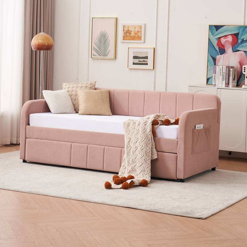 Twin Size Velvet Upholstered Daybed, Wood Sofa Bed Frame Daybed Couch with Trundle Bed and Wood Slat
