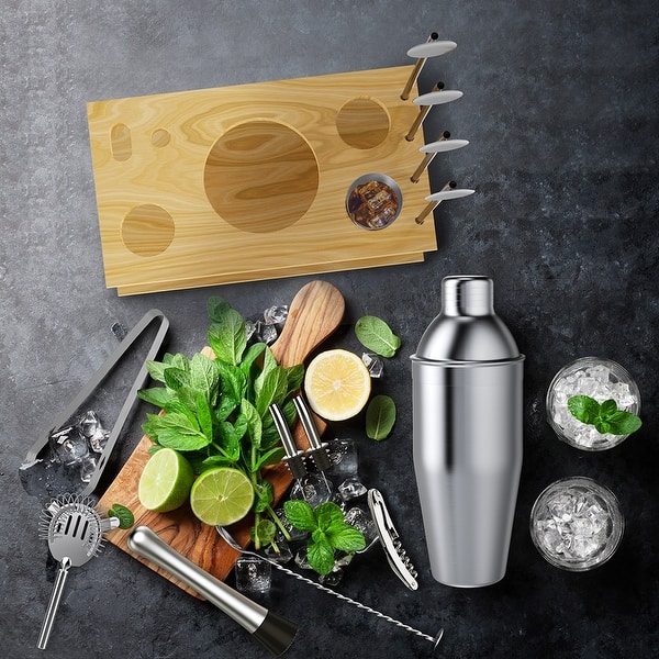 Stainless Steel Wood Storage Stand Cocktail Shaker Set Jigger Mixing Spoon  Tong Bars Mixed Drinks Bartender