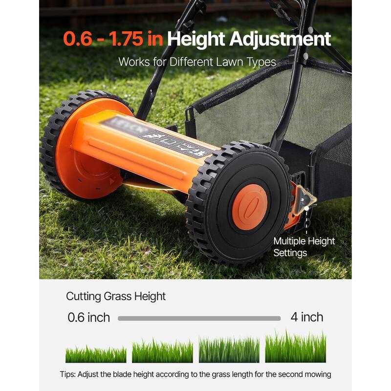 Black and Orange 16 inches Push Lawn Mower with 5 Steel Blades, Adjustable Height and Grass Catcher