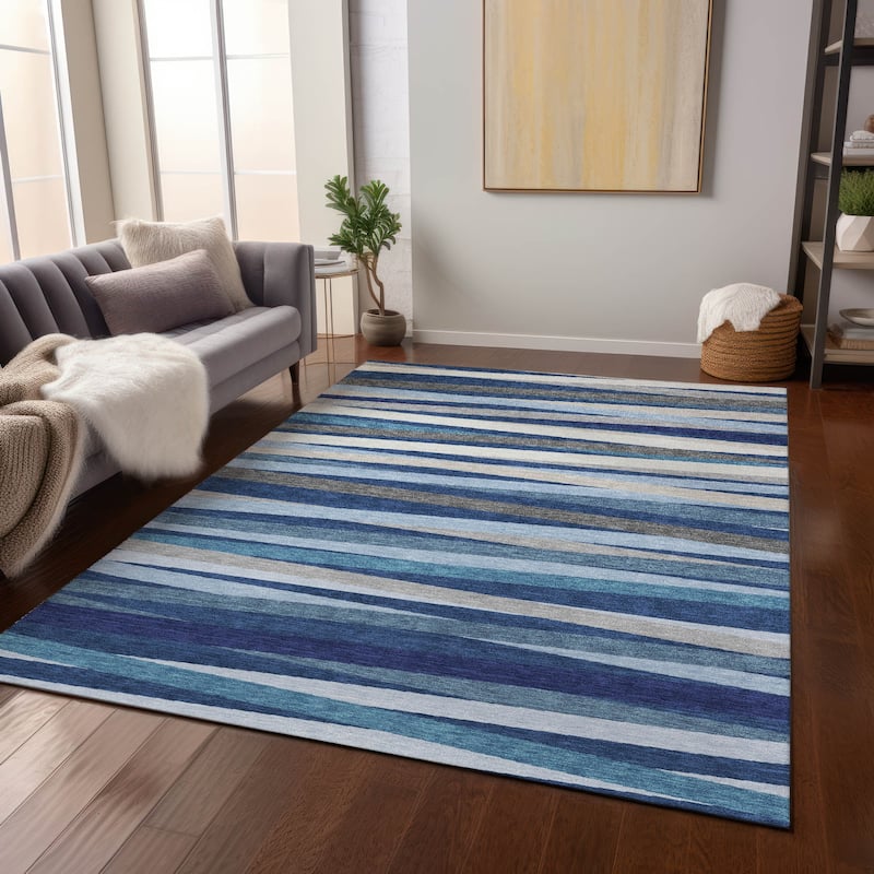 Machine Washable Indoor/ Outdoor Modern Stripes Chantille Rug - Navy - 5' x 7'6"