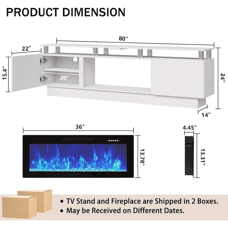 BOSSIN Modern 80" TV Stand with 36" Fireplace & LED Lights for TVs Up to 90", White with Golden Pillars, Storage Cabinets