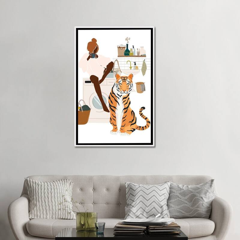 iCanvas "Tiger In Laundry Room" by Jania Sharipzhanova Framed Canvas Print