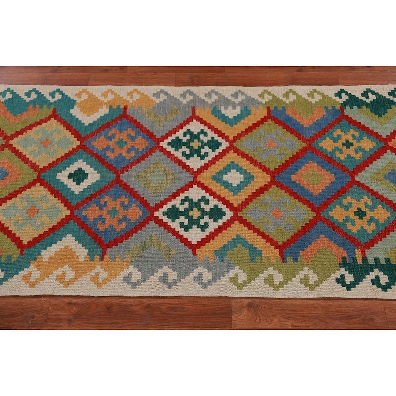 Hand Woven Oriental 100% Wool Carpet Southwestern Geometric Multi-Colored Kilim Runner Rug - 16' 1'' X 2' 9''