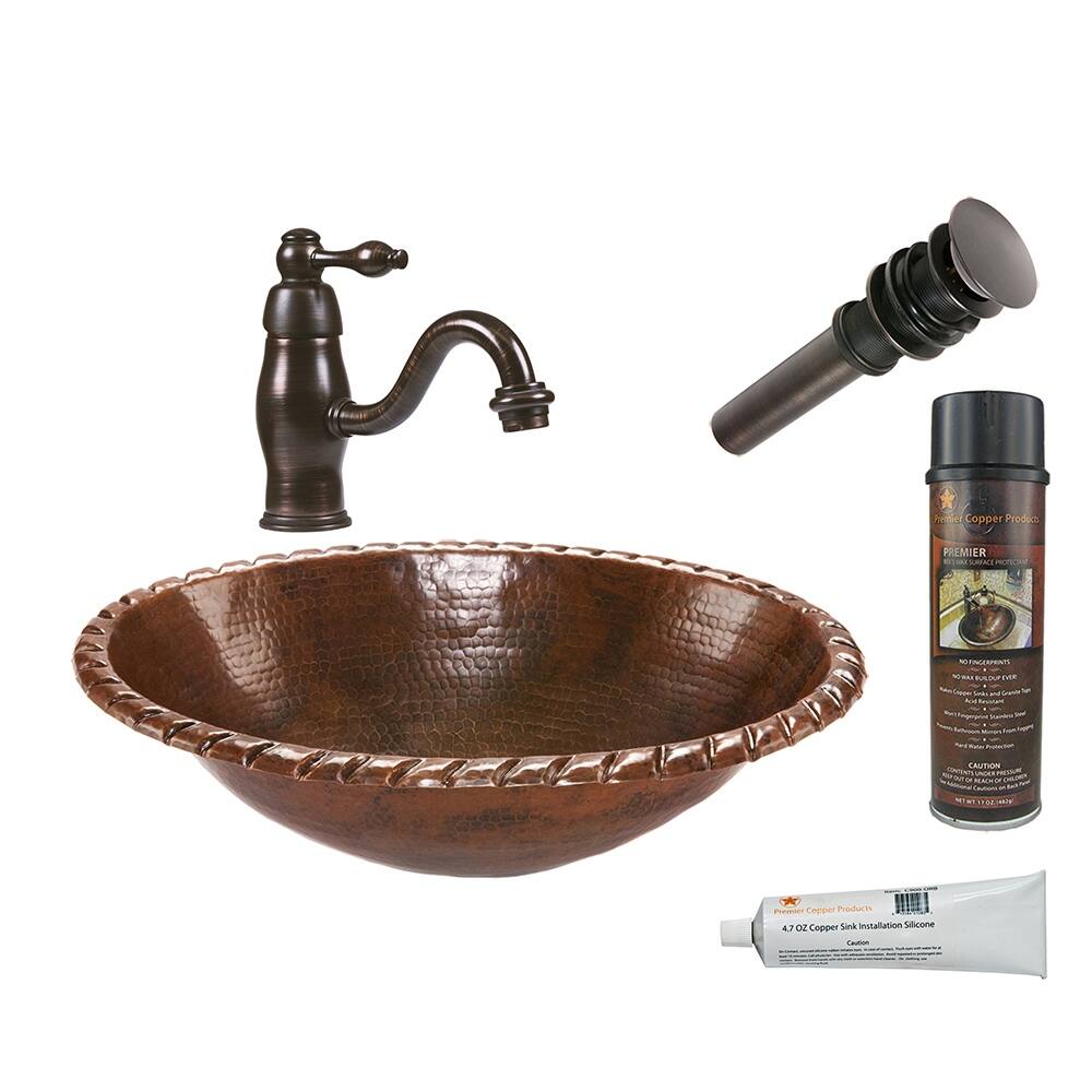 Premier Copper Products Bathroom Sink, Single Handle Faucet and Accessories Package