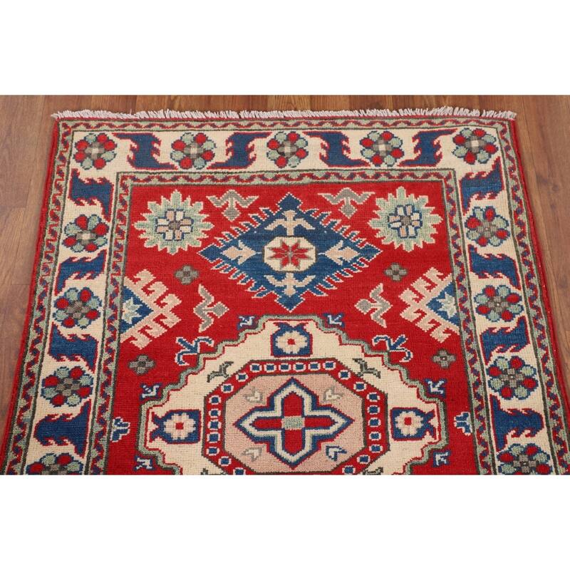 Oriental Kazak Accent Rug Hand-Knotted Geometric Red Wool Carpet - 2'10" x 3'11"