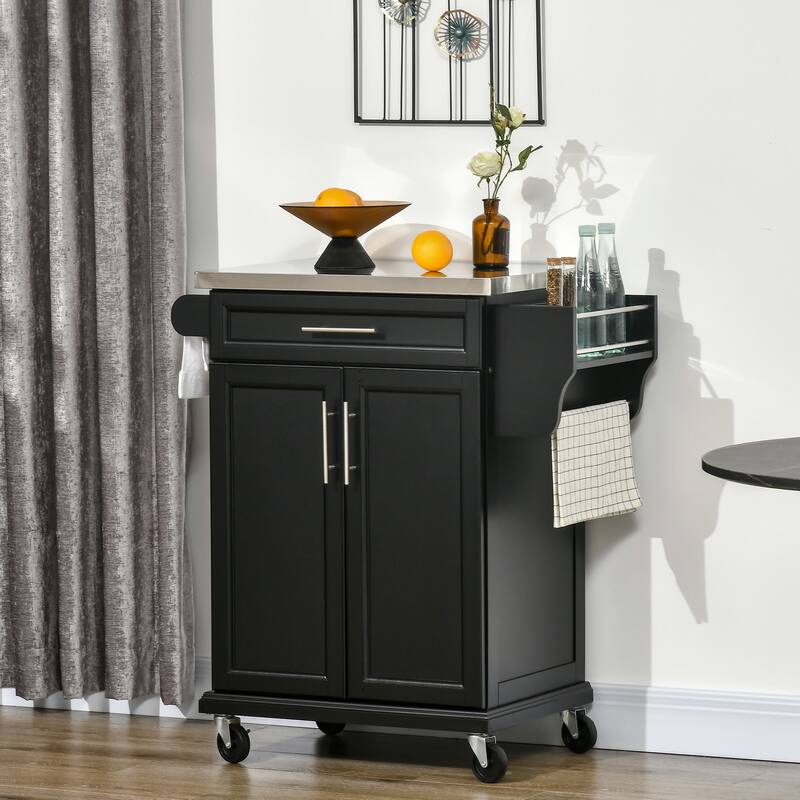 Kitchen Island on Wheels, Rolling Kitchen Cart with Stainless Steel Countertop, Drawer, Towel Rack and Spice Rack
