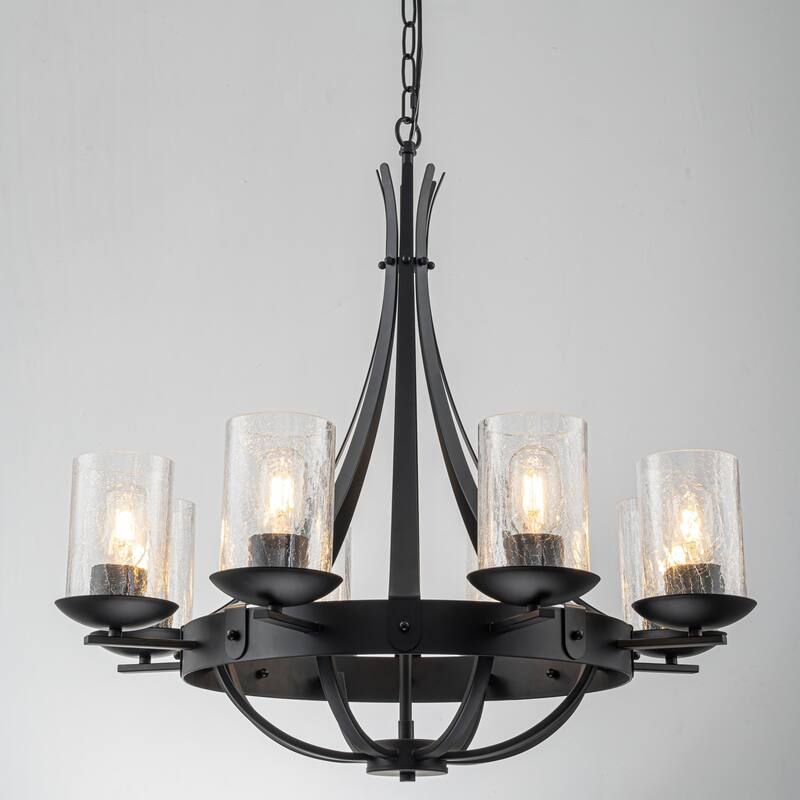 8-Light Industrial Wagon-Wheel Chandelier with Clear Cracked Glass Shades in Matte Black - 28 in. W x 28 in. H - 28 in. W x 28 in. H - Black/Clear