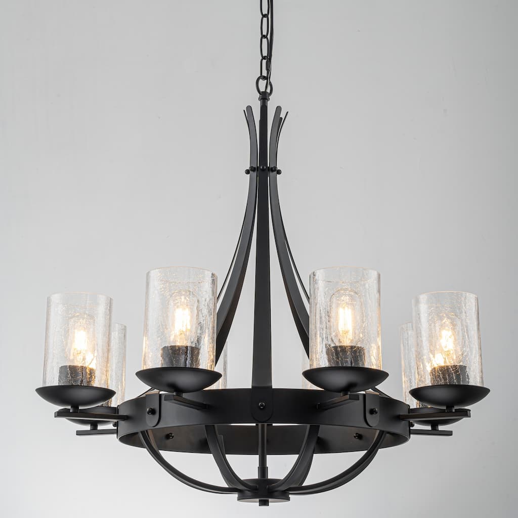 8-Light Industrial Wagon-Wheel Chandelier with Clear Cracked Glass Shades in Matte Black - 28 in. W x 28 in. H