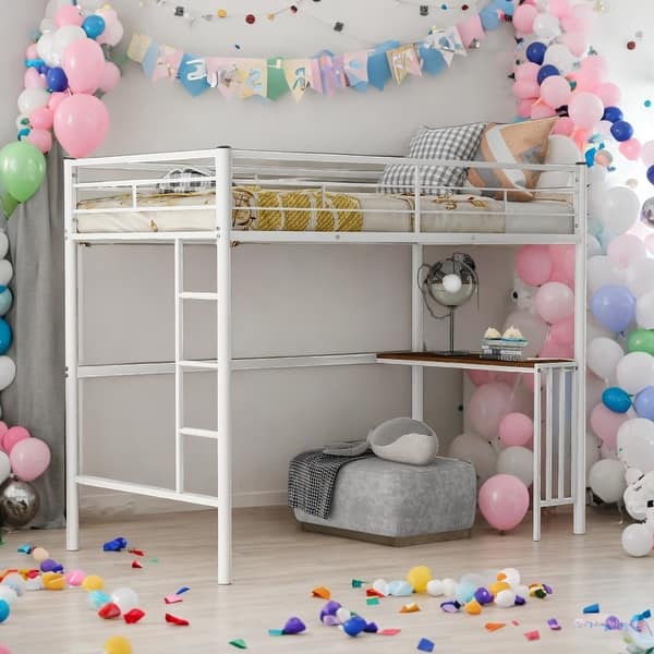 slide 2 of 14, Twin Metal Loft Bed with Desk, Ladder and Guardrails, Loft Bed for Bedroom,Twin Multi-Functional Children's Loft Bed,White White