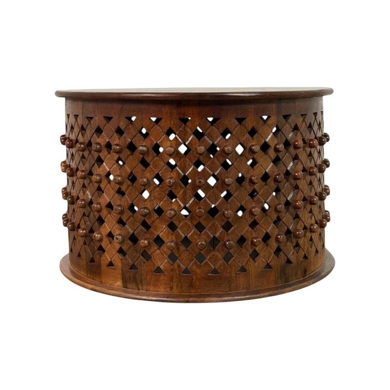 Lattice 30" Round Artisan Coffee Table - Elegant Finish Intricate Carving Solid Wood Accent Table