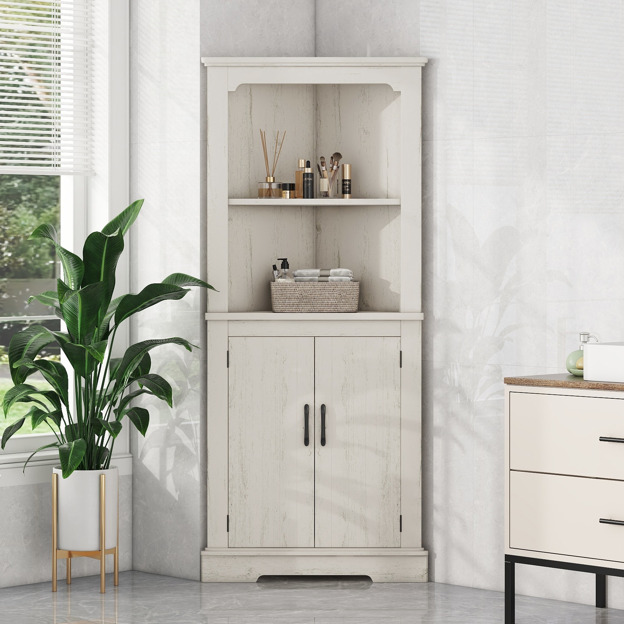 GDFStudio - Tall Corner Cabinet with Doors and Open Shelves, Space-Saving Storage Cabinet