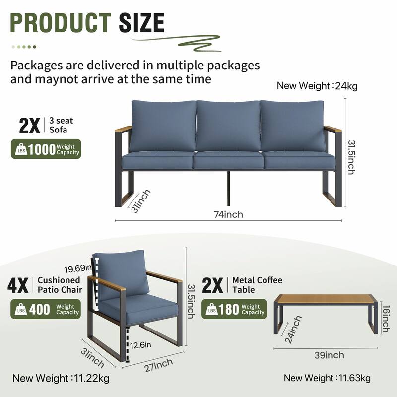 4-Piece Modern Outdoor Sofa Set - Iron Frame with Grey Cushions and Faux Wood Grain Coffee Table