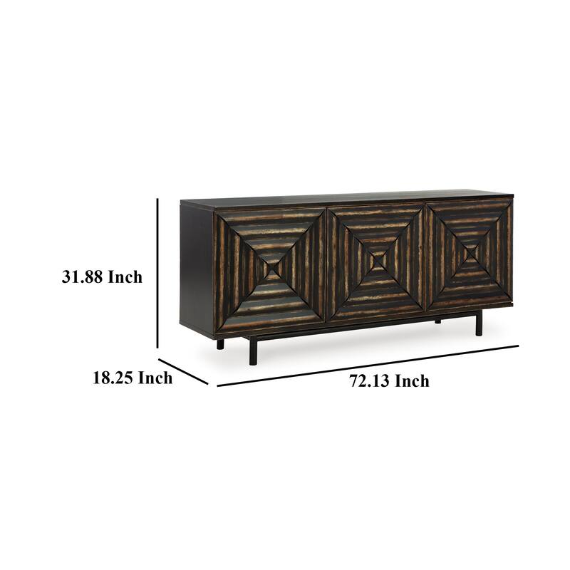 Sideboard Cabinet Console, 72 Inch, 3 Wood w Geometric Inlay, Black