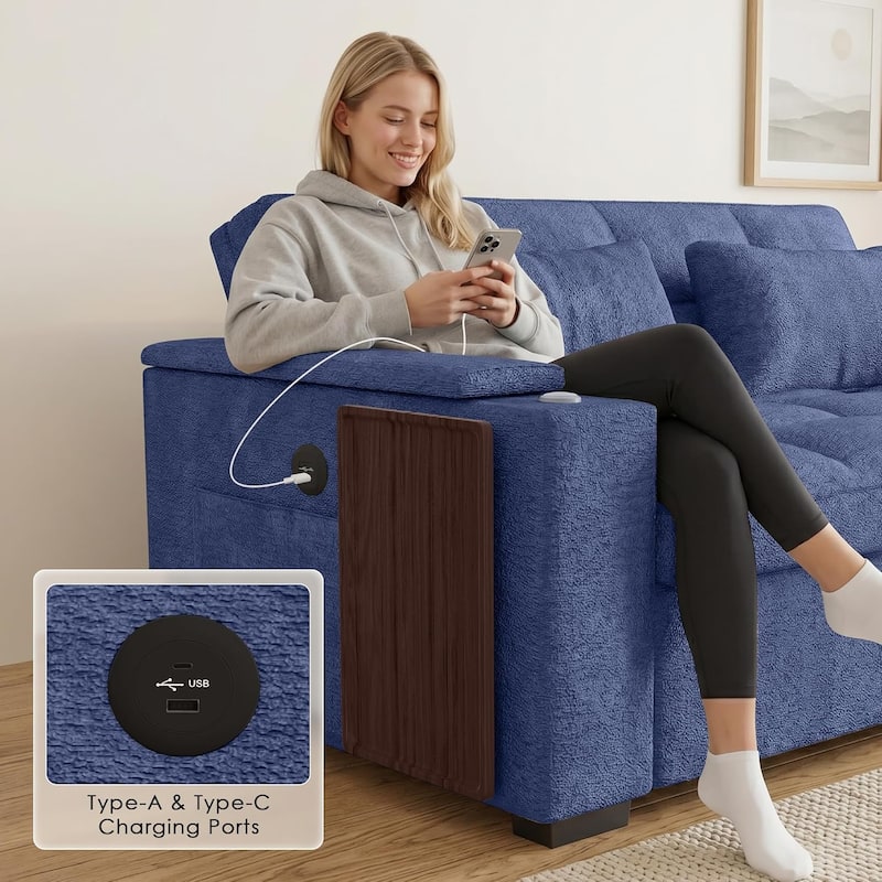 68" Chenille Fabric Sleeper Sofa Bed,Pull Out Couch with 360 Degree Swivel Side Table,USB Port,Cup Holder,Armrest Storage
