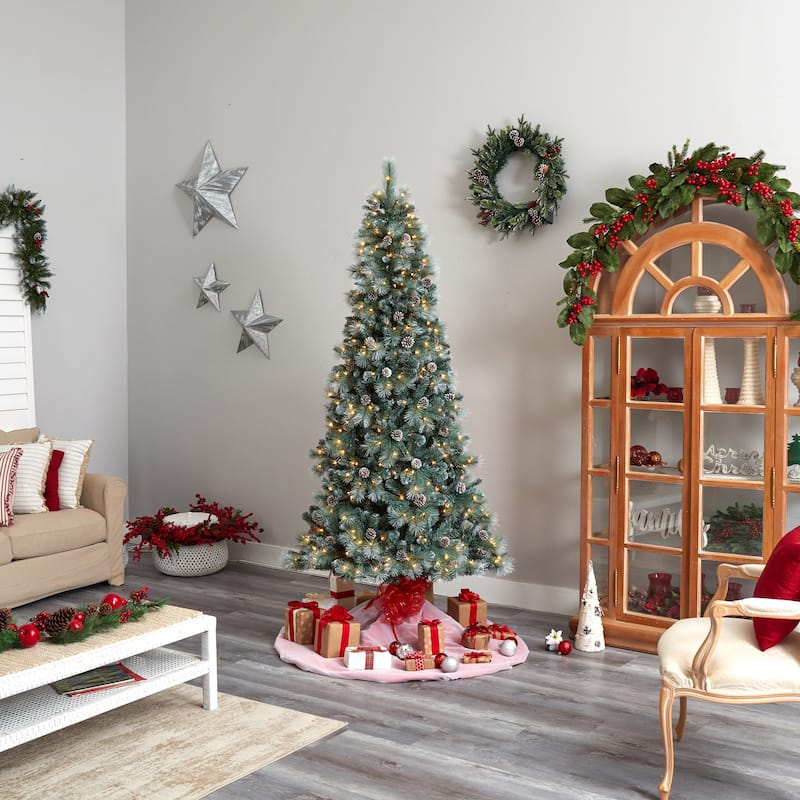 8ft. Frosted Tip Pine Artificial Christmas Tree with 500 Clear Lights, Pine Cones & 1112 Branches - Snow-Kissed X-Mas Tree
