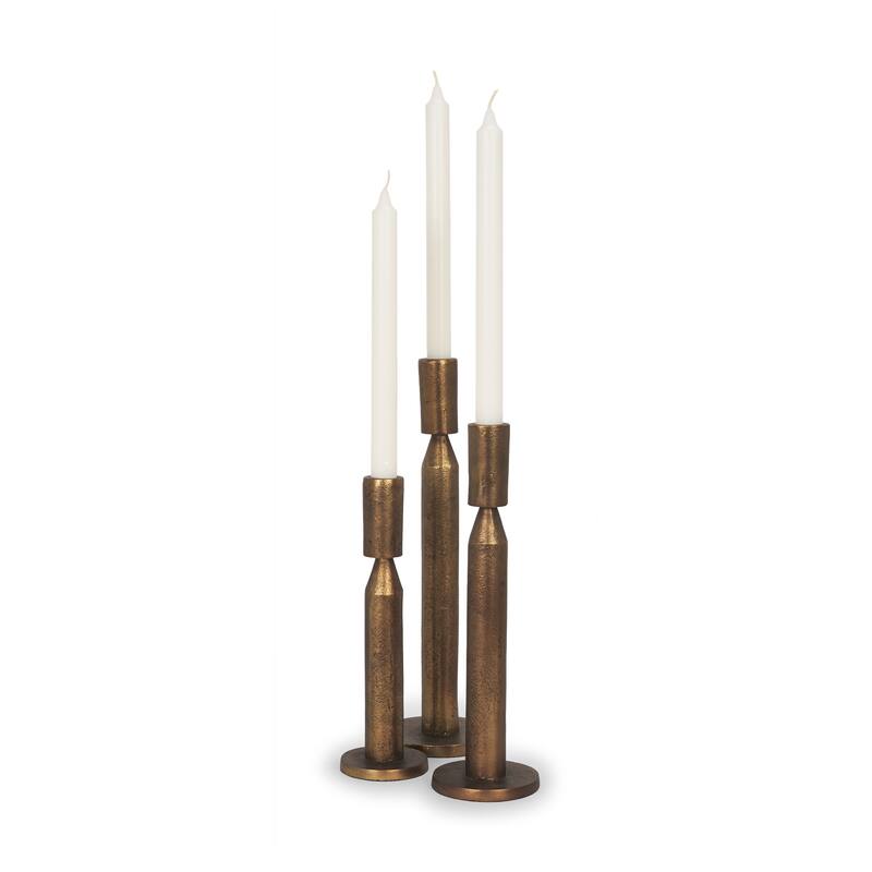 Declan Antiqued Brass Cast Metal Taper Candle Holder - 3.8L x 3.8W x 13.8H - Antiqued Brass