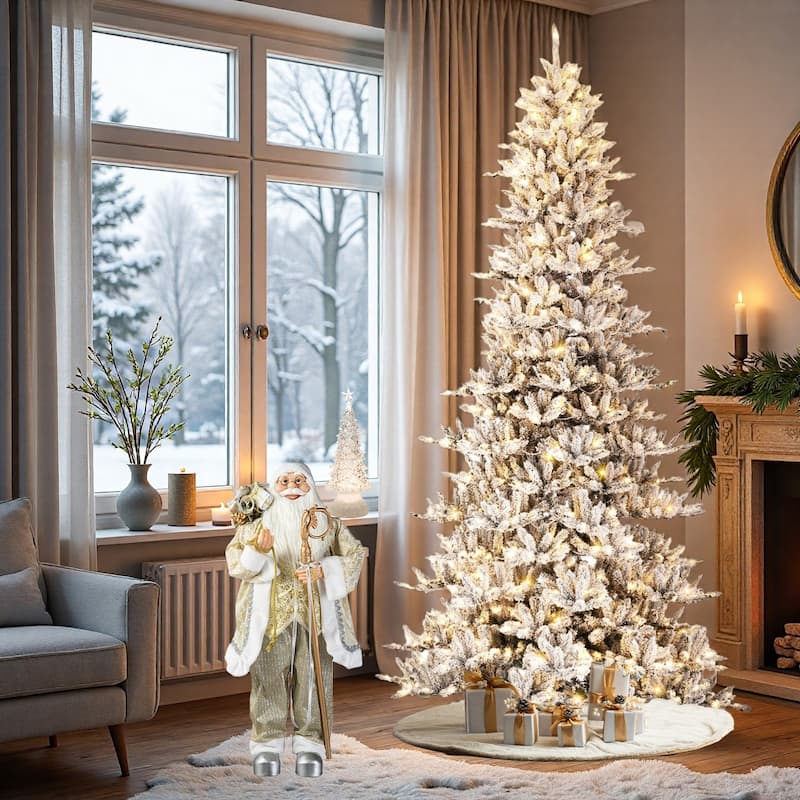 Glitzhome 11ft Pre-Lit Flocked Slim Fir Artificial Christmas Tree with Warm White Lights & Gloves