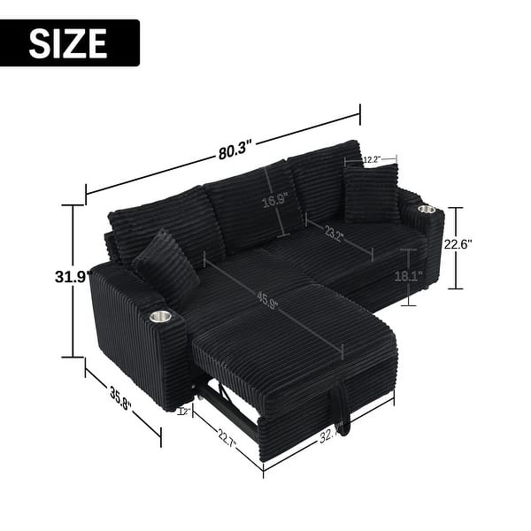 dimension image slide 3 of 6, 80.3" L Shaped Couch with Pull Out Bed Corduroy Sleeper Sofa Bed Convertible Sectional Couches with Cup Holder for Living Room