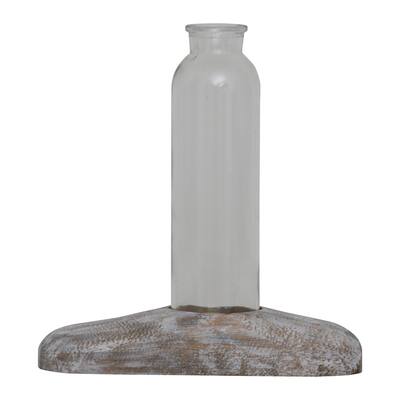 Foreside Home & Garden Whitewashed Wood Holder with Glass Bud Vase
