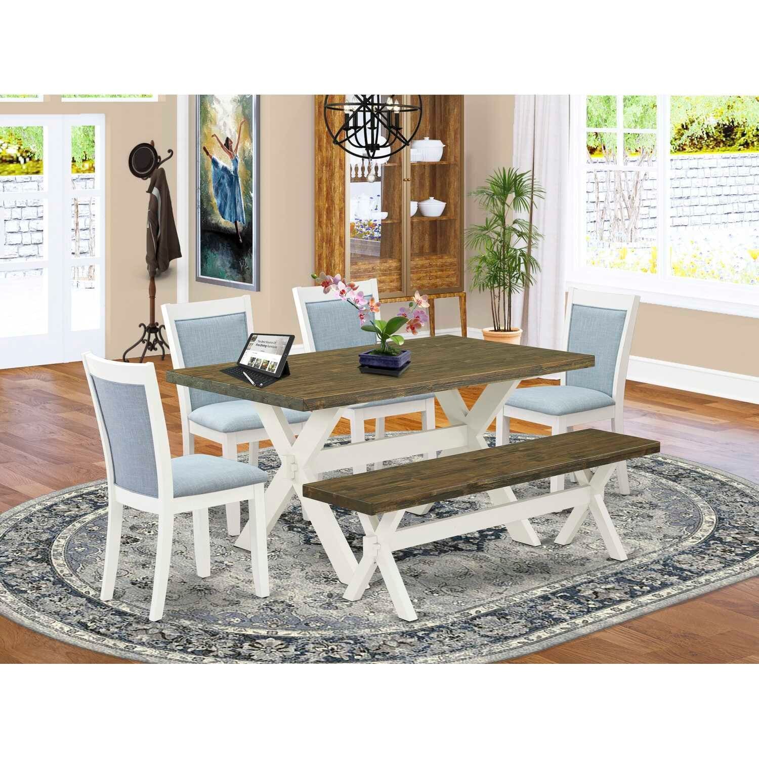 HomeStock 6-Piece Rectangle Wire Brushed Linen White Finish Solid Wood Top Dining Table with 1-Bench, 4-Chairs