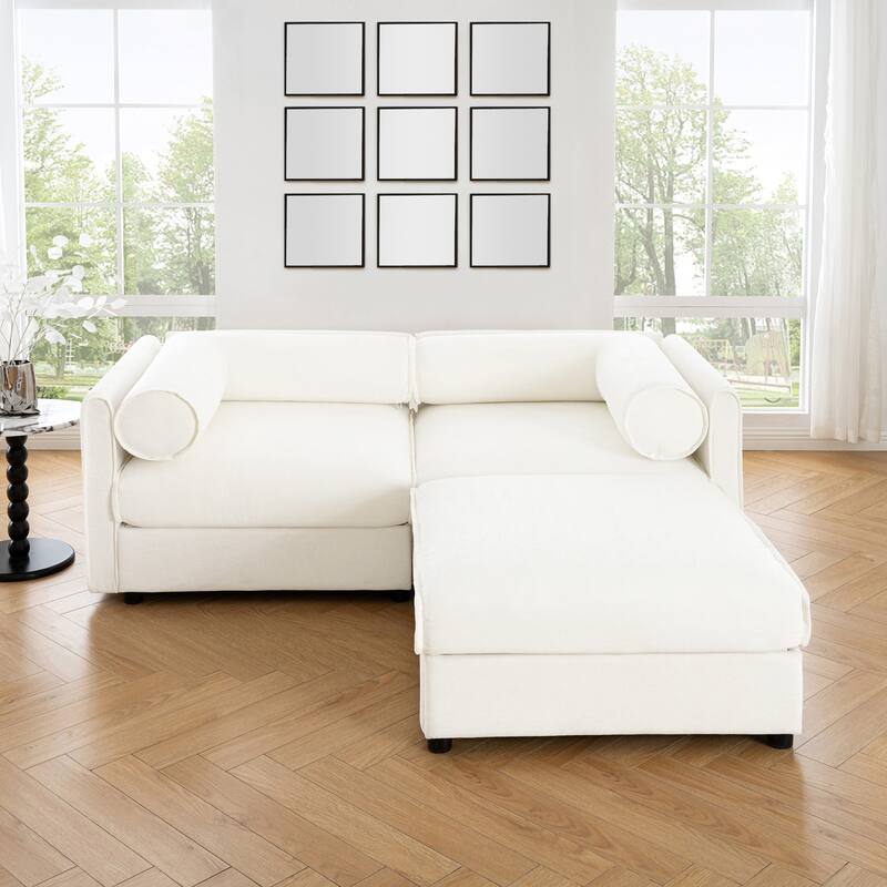 Modern Chenille 6-Seater Sofa with Ottoman Storage, Hidden Storage, Cylindrical Cushioned Arms and Backrest