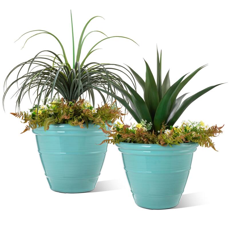 Glitzhome Set of 2 Round Cobalt Blue/Turquoise/Red Faux Ceramic Pot Plastic Planter