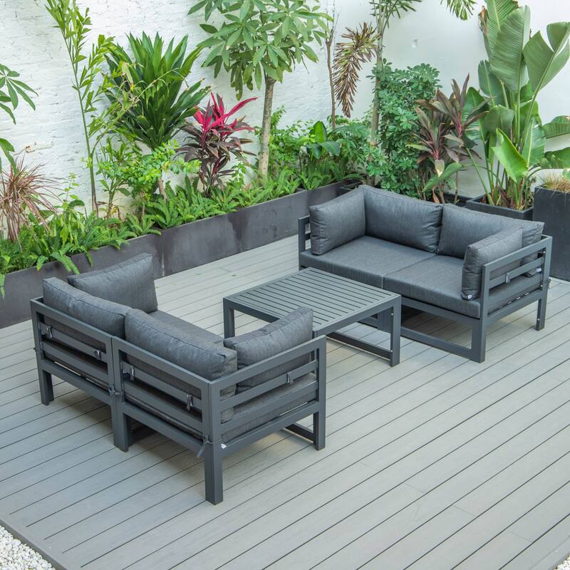 LeisureMod Chelsea 5-Piece Outdoor Patio Sectional and Coffee Table Set with Cushions - Black