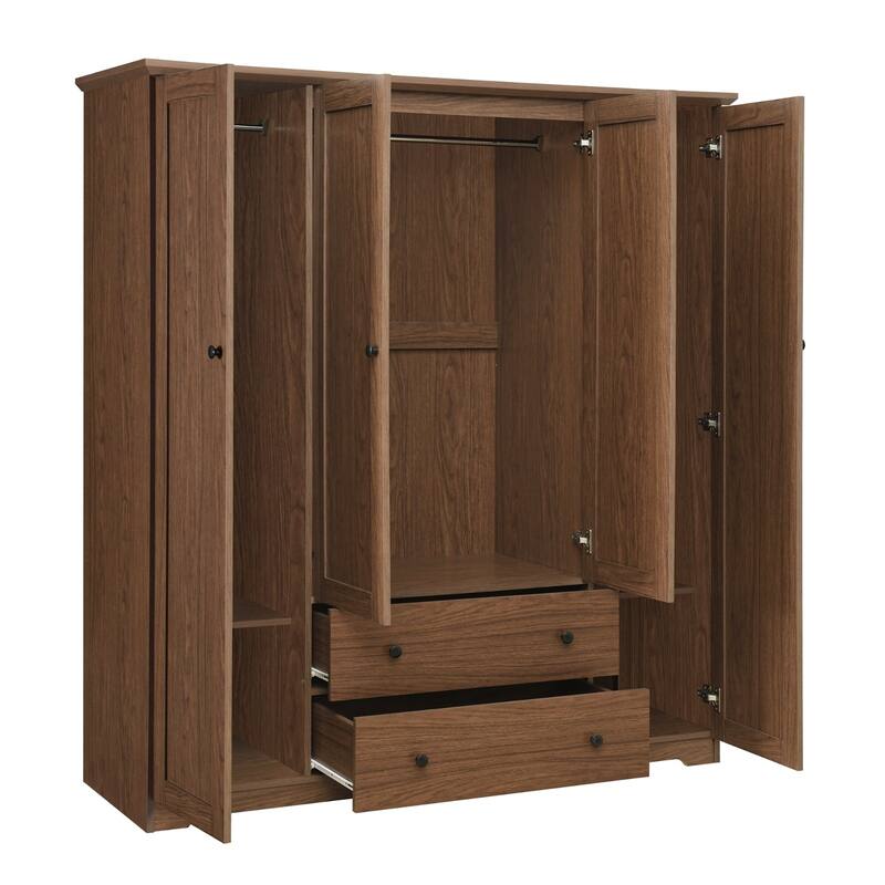 4 Door Wardrobe Armoire with Drawers & Hanging Rods, Large Clothing Storage Cabinet Bedroom Closet Organizer