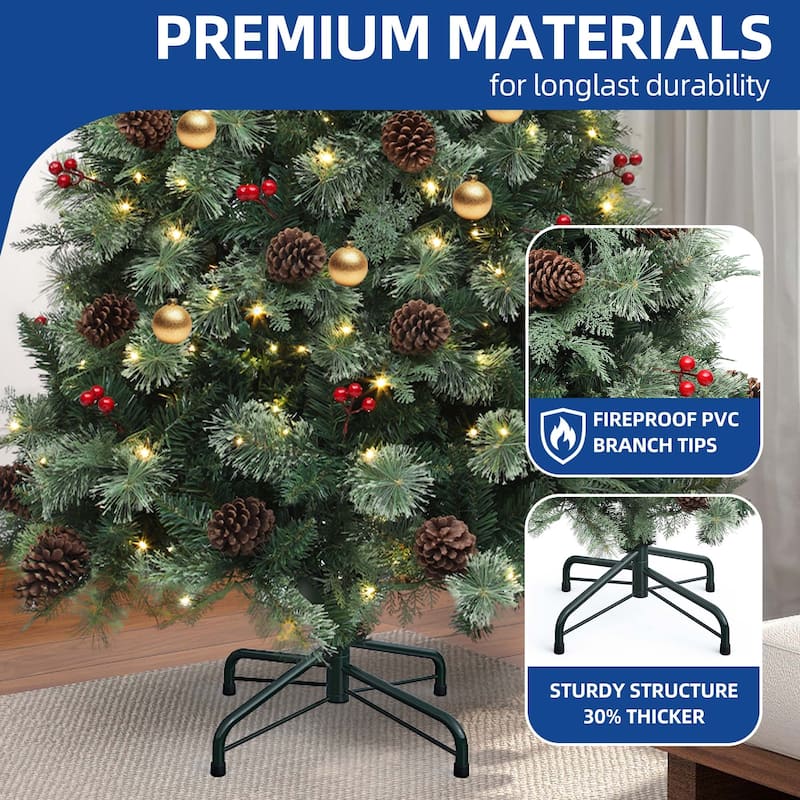 7.5ft Prelit Artificial Carolina Pine Christmas Tree with Remote, Green Artificial Hinged Christmas Tree w/ 1200 Mixed Tips
