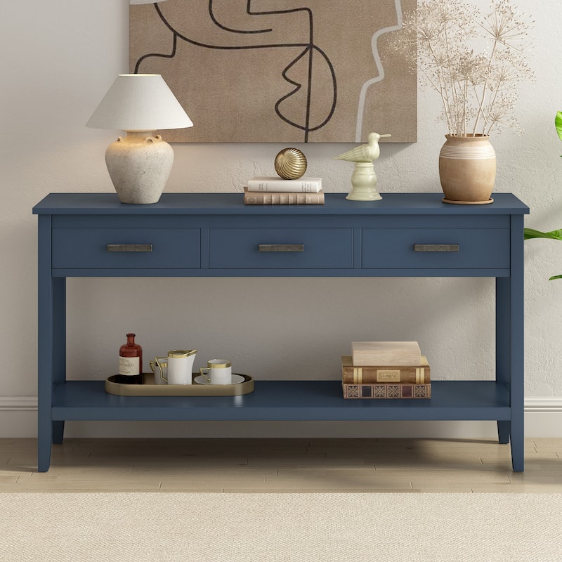 Wooden Console Table with 3 Drawer, Extra Long Sofa Table with Open Storage Shelf, Entryway Table with Wooden Legs