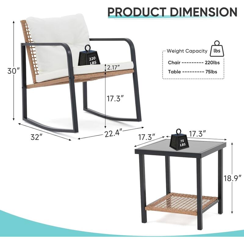 3 Pieces Rocking Wicker Bistro Set, Patio Outdoor Furniture Conversation Sets with Porch Chairs and Glass Coffee Table