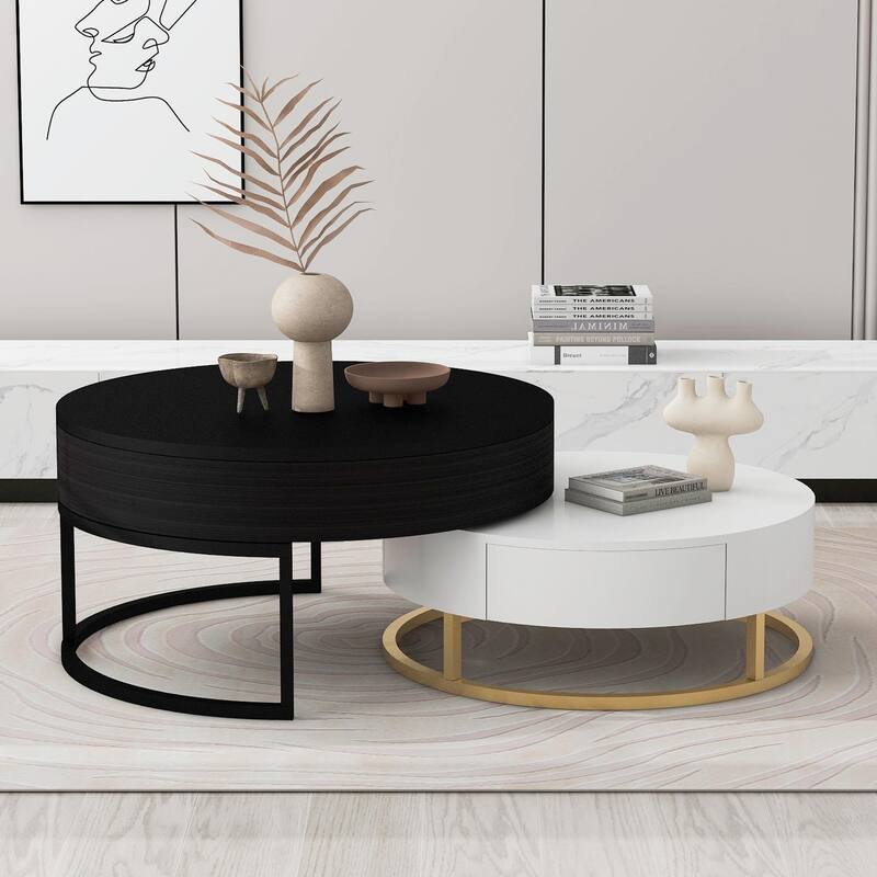 Modern Round Lift-top Nesting Coffee Tables with 2 Drawers - White+Black