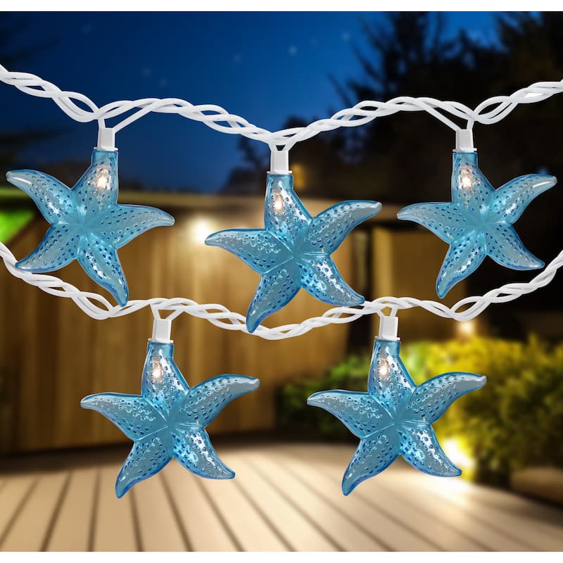 Set of 10 Blue Starfish Novelty String Lights - 9ft White Wire