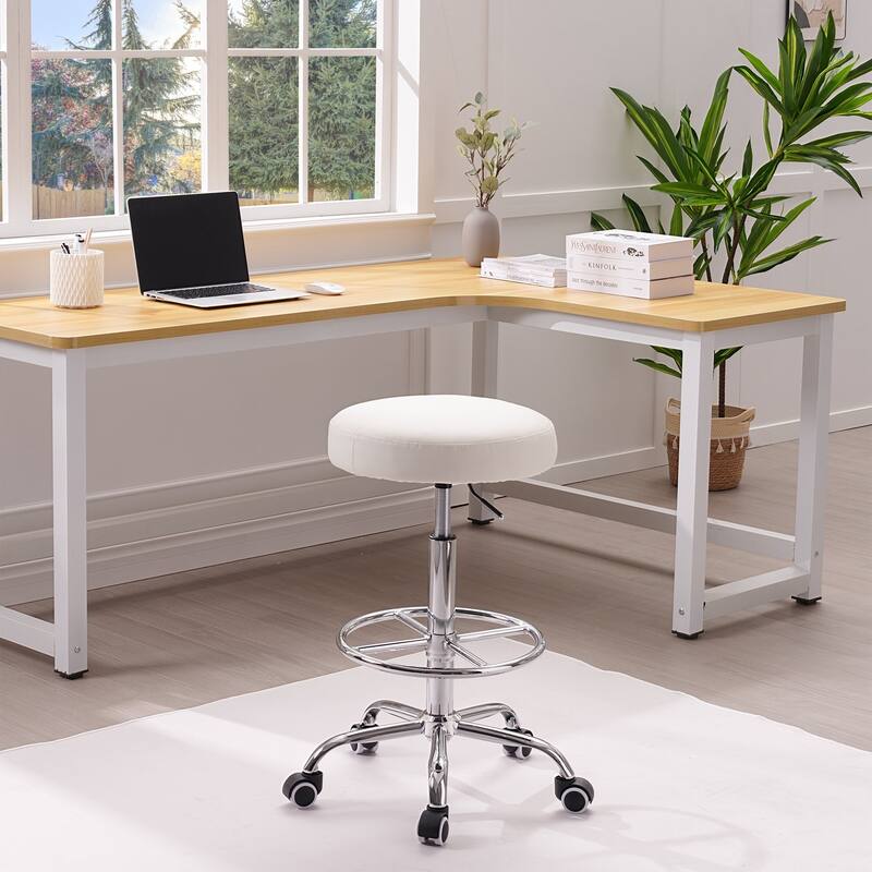 VECELO Round Drafting Stool Swivel Rolling Chair PU Leather Height Adjustable with Wheels Footrest Home Office Chair - White