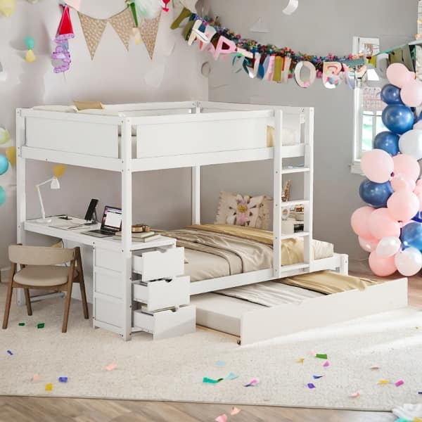 slide 2 of 57, Full-Over-Full Bunk Bed with Twin size Trundle, Storage and Desk,with 2 USB and 2 three-holes Plugs White