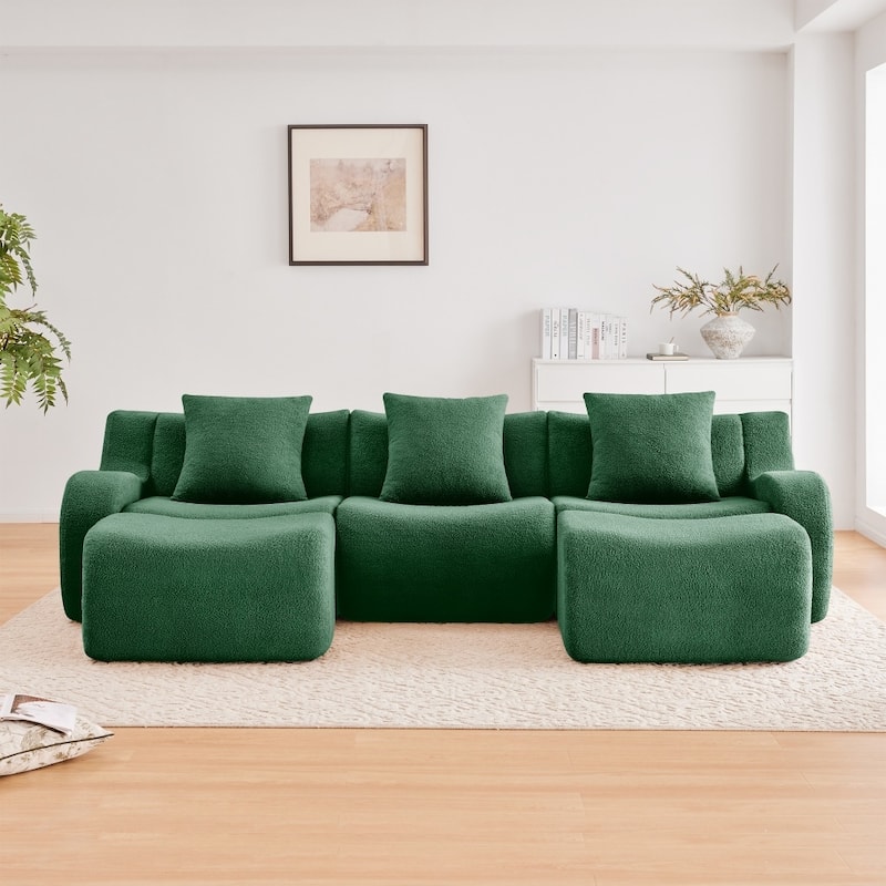 115.3" U-shaped Soft Teddy Fabric Boneless Sectional Sofa for Relaxed