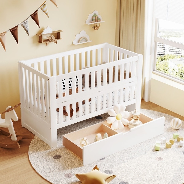 Convertible Crib/Full Size Bed with Drawers and 3 Height Options