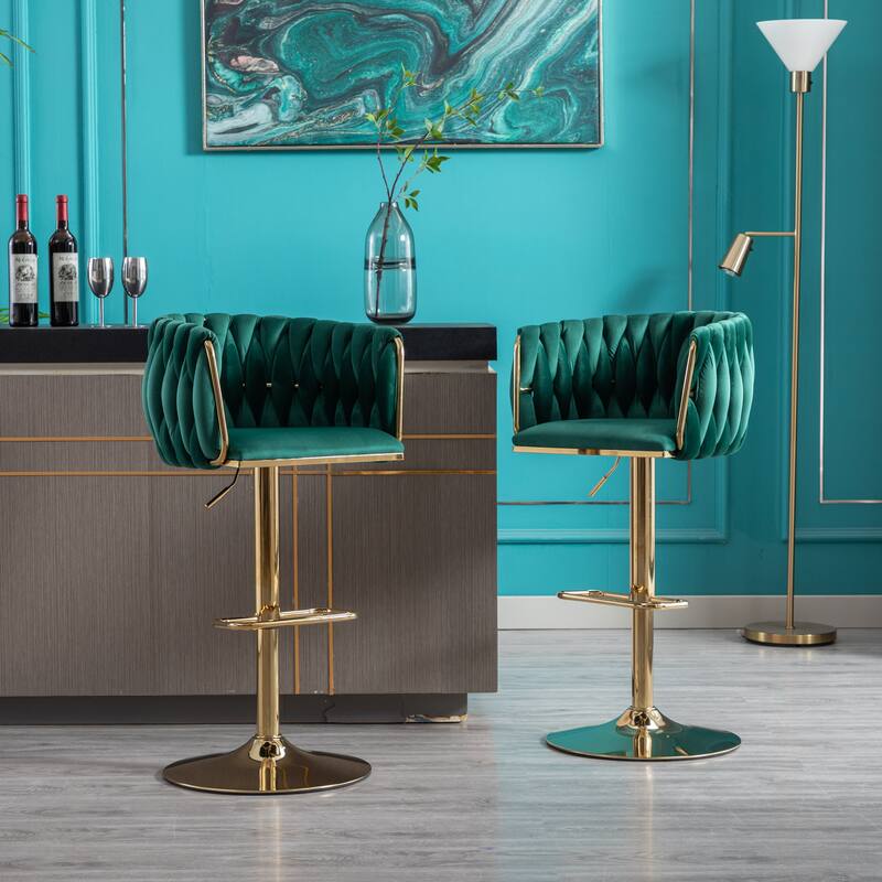 Set of 2 Bar Stools,with Chrome Footrest and Base Swivel Height Adjustable Mechanical Lifting Velvet+ Leg Simple Bar Stool - Green