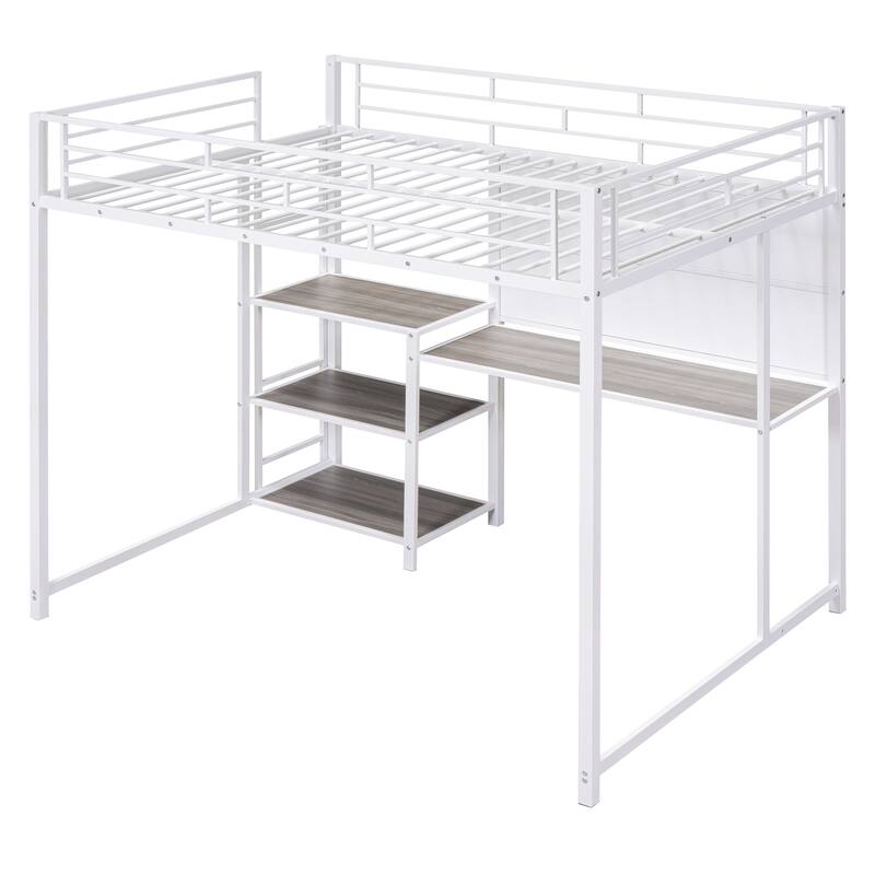White Metal Loft Bed with Desk, Whiteboard, and 3 Shelves, Includes Ladder