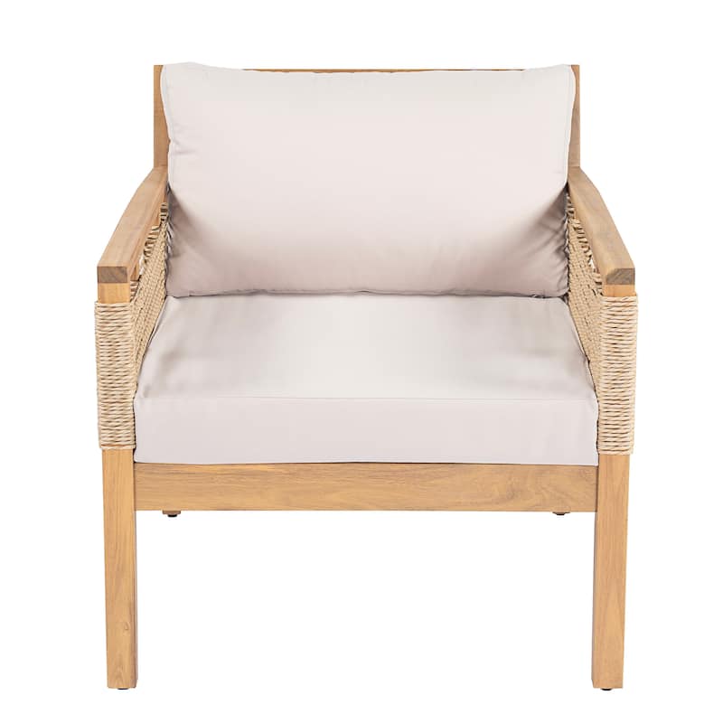 Roomfitters Set of 2 Patio Club Chairs, Outdoor Wood Lounge Chair with Upholstered Cushions, Rope Weave, Teak+ Beige
