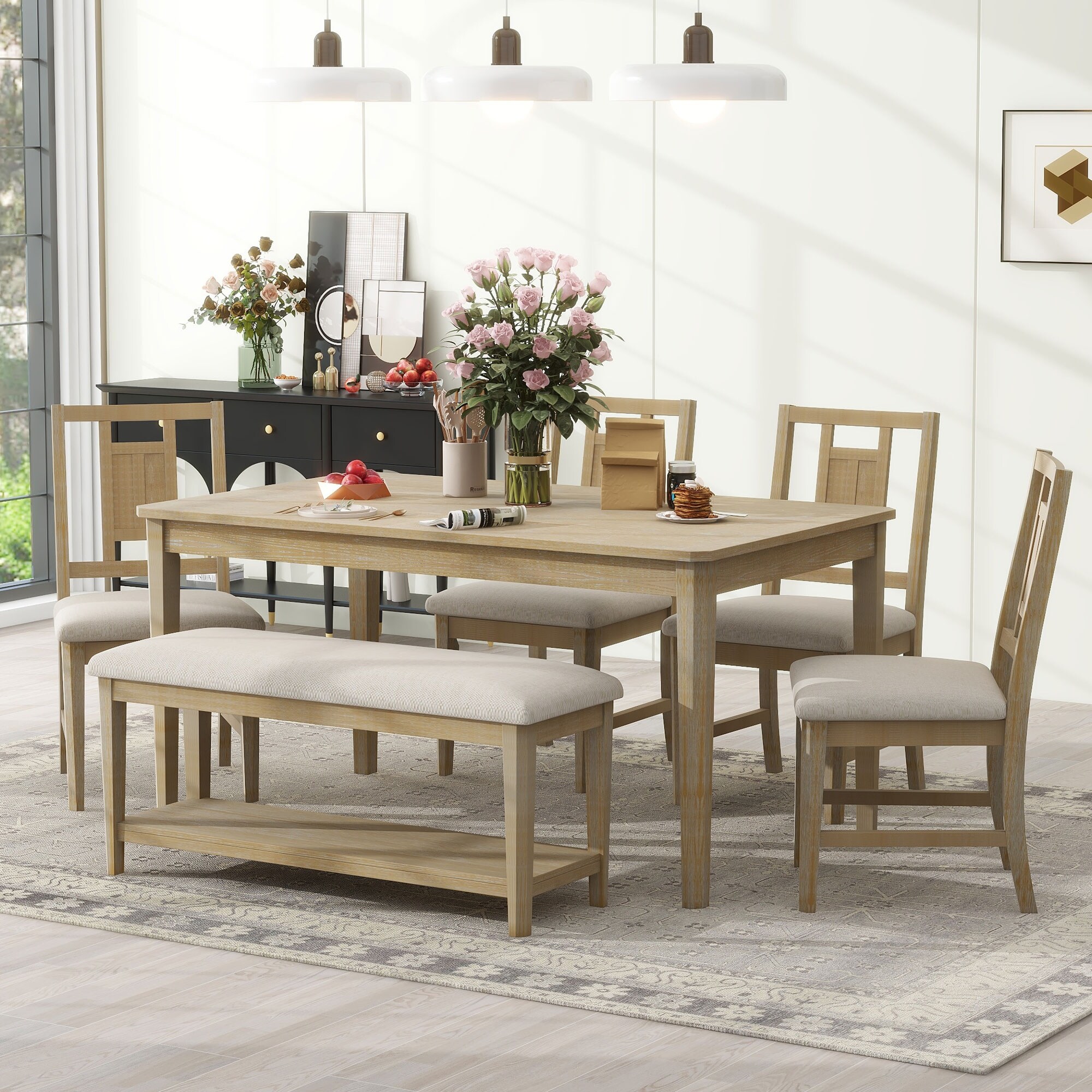6 Piece Retro Dining Set Minimalist Kitchen Table Set with 4 Upholstered Xhairs 1 Bench with a Shelf for Dining Room Bed Bath Beyond 40393145