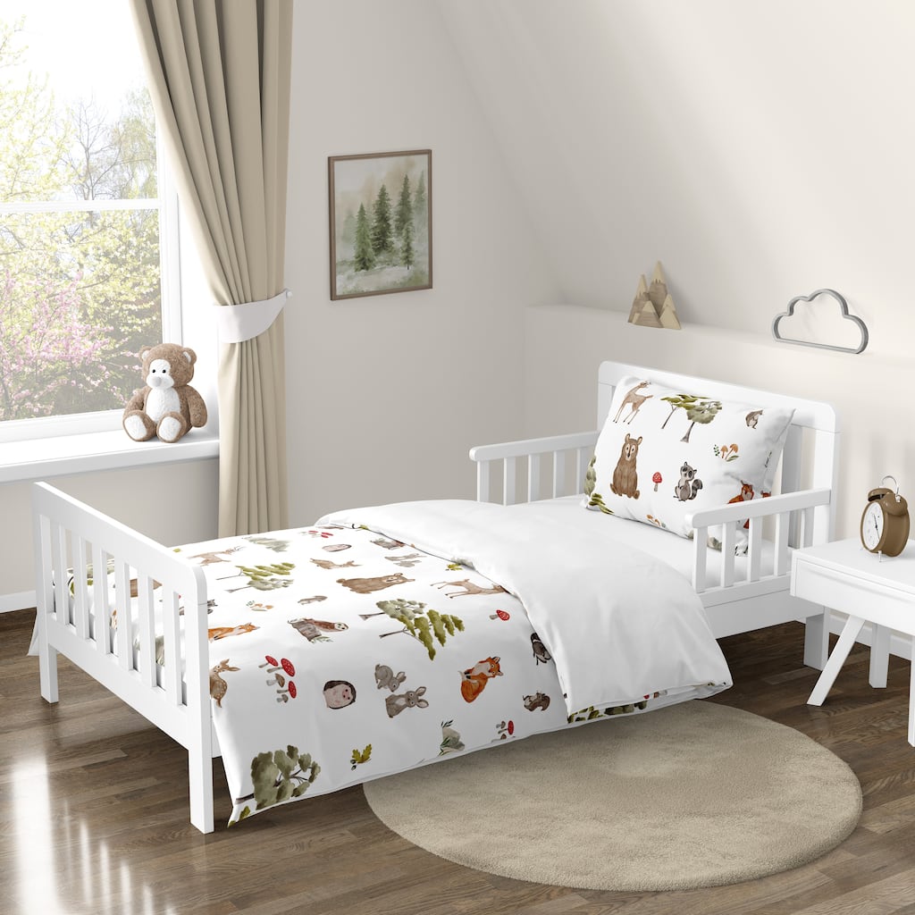 Sweet Jojo Designs Woodland Forest Animals Boy Girl Gender Neutral 5p Toddler-size Comforter Set Friends Fox Hedgehog Watercolor
