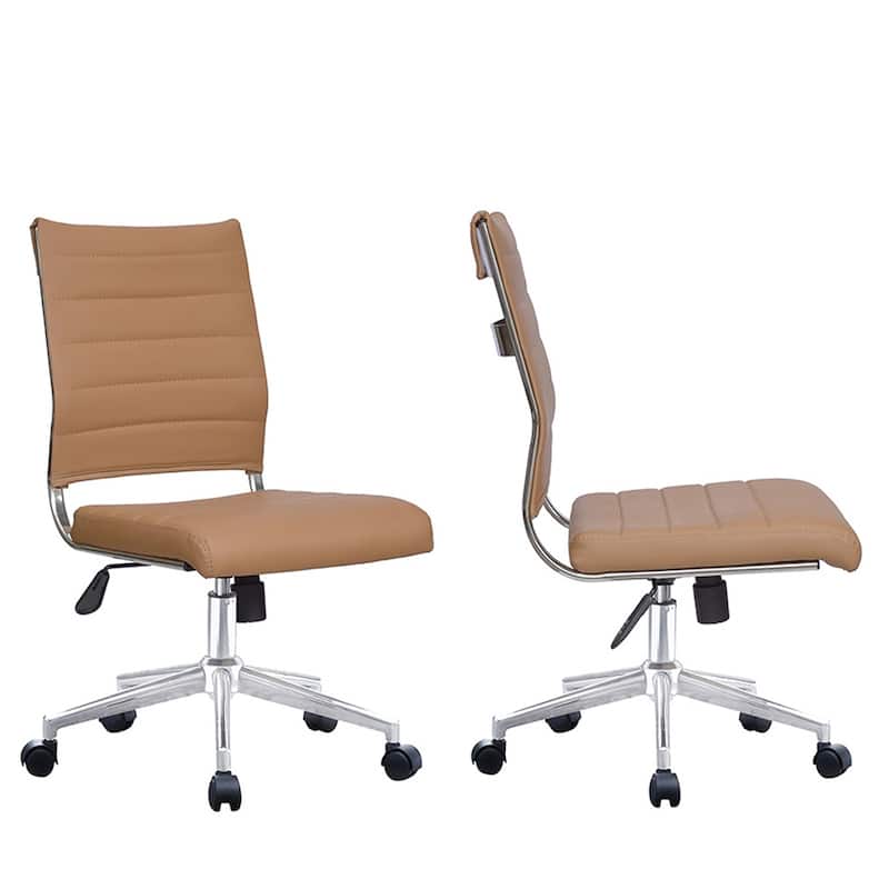 Set of 2 Modern Ergonomic Executive Mid back PU Leather Office Chairs No Arms Rest Tilt Adjustable Height With Wheels - Tan