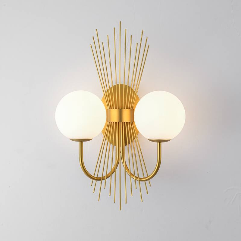 18.9" W 2-Light Mid-Century Modern Brushed Gold Sunburst Sputnik Wall Sconce with Milk Glass Globes - Gold/White - 18.9 in. W x 21.7 in. H x 8.7 in. D