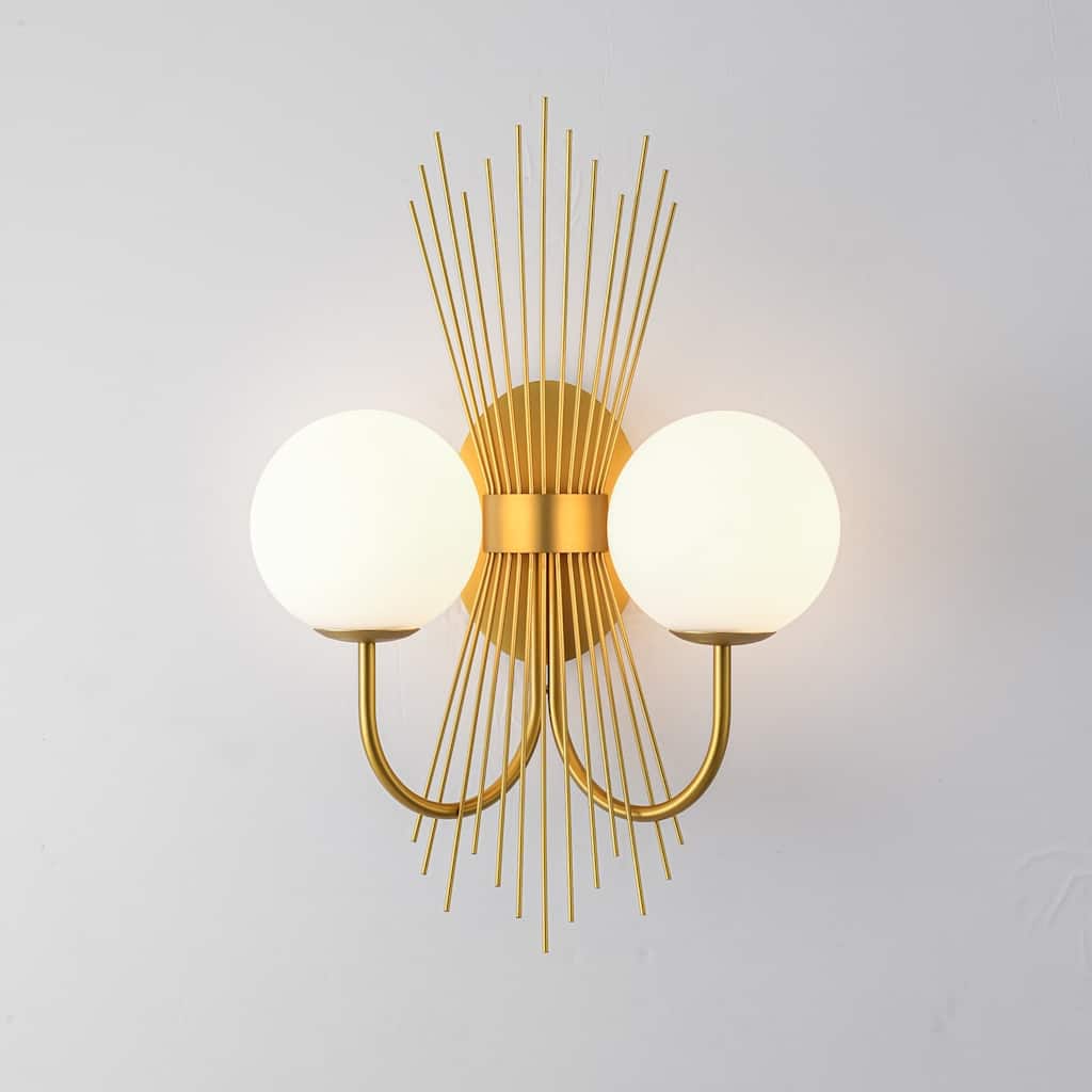 18.9" W 2-Light Mid-Century Modern Brushed Gold Sunburst Sputnik Wall Sconce with Milk Glass Globes